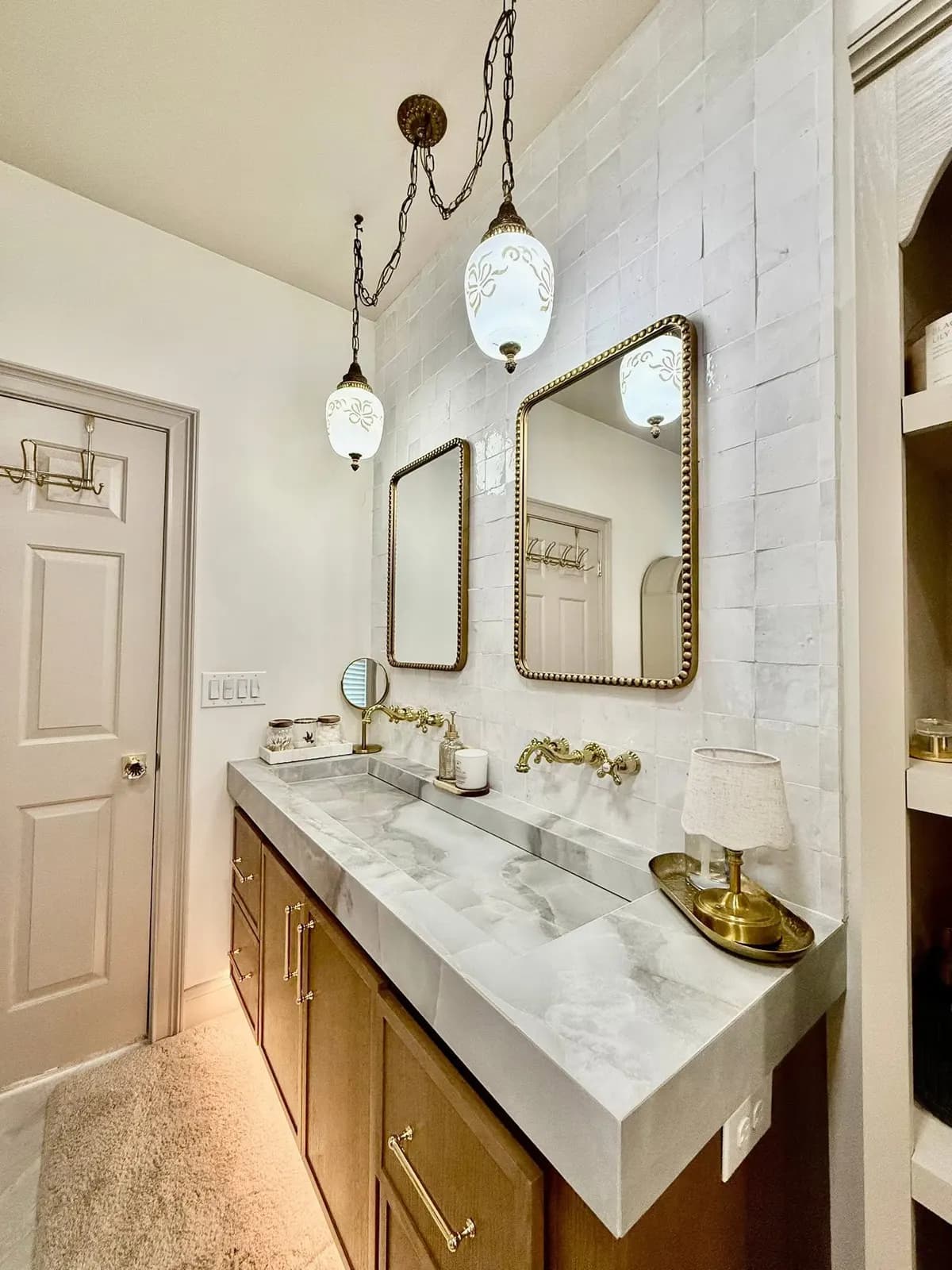 Zellige wall and marble trough, powder bath